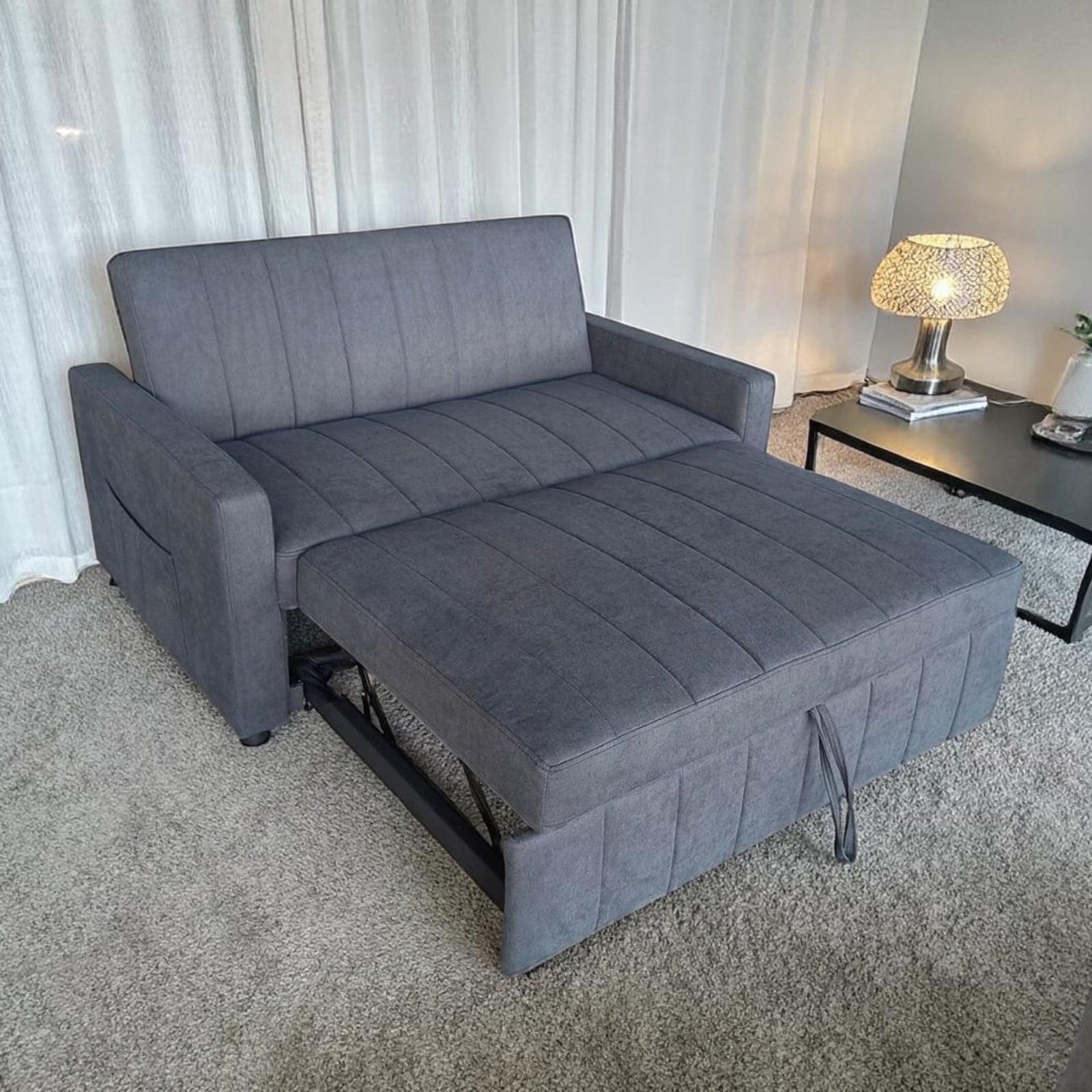 Cosmic Homes Melissa Fabric Sofa Bed – Charcoal, Pull-Out Sleeper Sofa with Adjustable Backrest, Storage Pockets & Accent Pillows for Small Spaces