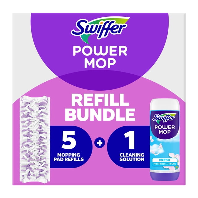 Swiffer Power Mop Refill Pack with 5 white and purple multi-surface mopping pad refills and 1 25.3 fl oz bottle of Fresh scented cleaning solution featuring floral design, ideal for tile, laminate, and wood floors to clean sticky messes and dirt.
