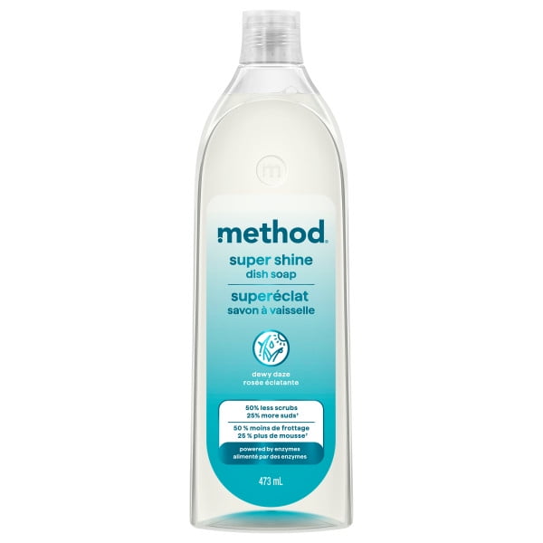 Method Super Shine Dish Soap Dewy Daze in a clear 473 ml bottle with a blue gradient label featuring bilingual text, enzyme-powered formula removing 99% of grease with 50% less scrubbing and 25% more suds, suitable for household dishwashing.