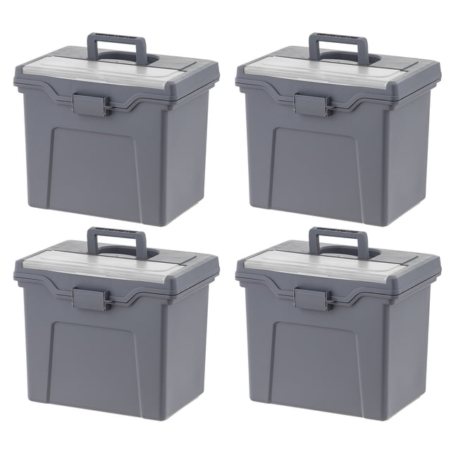 IRIS Portable Plastic File Box with Organizer Lid, Letter Size, Grey, 4 Pack Front-facing view of four grey letter-size polypropylene file boxes with secure latching lids and built-in handles. Lid includes a 4-compartment organizer for pens and clips, rim ledge for hanging letter files, and a lock-ready spot (lock not included). Dimensions 35.1×25.8×29.8 cm. Often used for office or bank filing and suitable for compact craft supply storage.