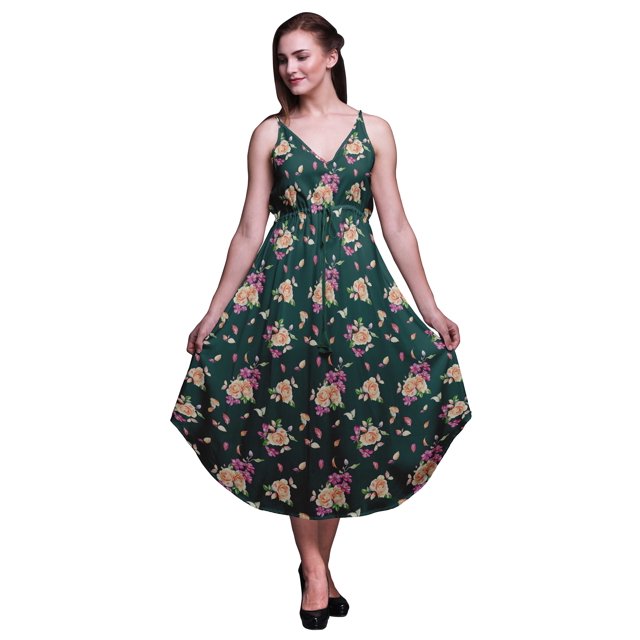 Bimba Floral Ladies Printed Resort Midi Drawstring Dress Spaghetti Strap Beach Wear-XXX-Large