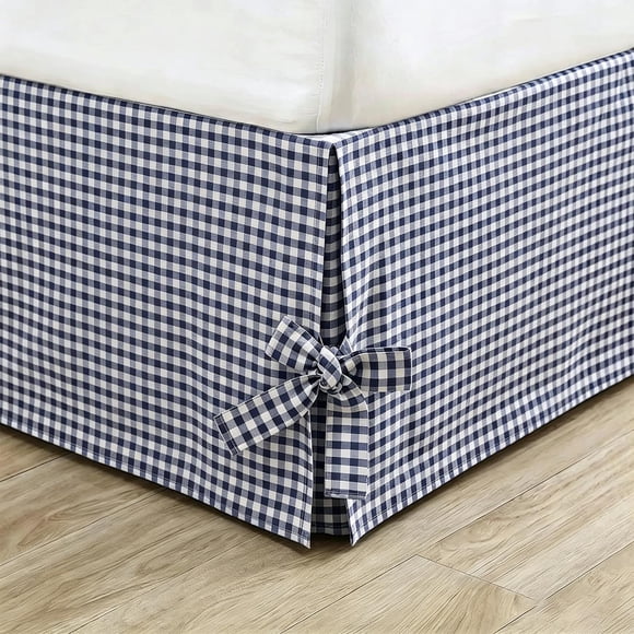 Lace-Up Bed Skirt Single Bed, Checkered Plaid Dustproof Bed Box Cover, Cloth Fabric, Pin k Orange Navy Beige Black, 1 Piece