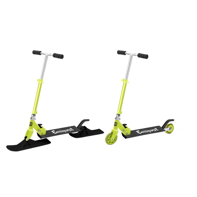 Conquest Xtreme Convertible Snow and Road Scooter shown in two configurations: one with black snow skis for winter use and the other with lime green wheels for street riding, both with a lime green adjustable handlebar, black deck featuring Conquest branding, and black foam grips, suitable for year-round outdoor fun.