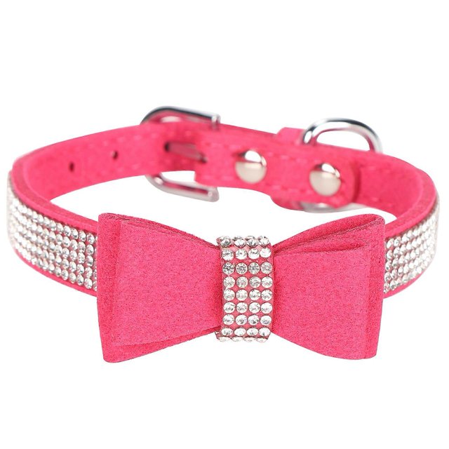 Rose Rouge TP 30x1.5cm Collier pour Chat en Microfibre Suédine Double Nœud Cristal Étincelant Strass Fourniture pour Animaux