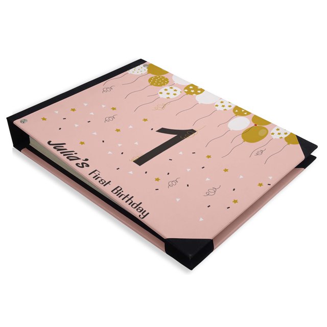 Darling Souvenir Pink Balloons & Confetti Personalized Printed Birthday PartyGuestBookHardbound Cover Sign InBookRegistry Scrapbook-9 x 12 Inches