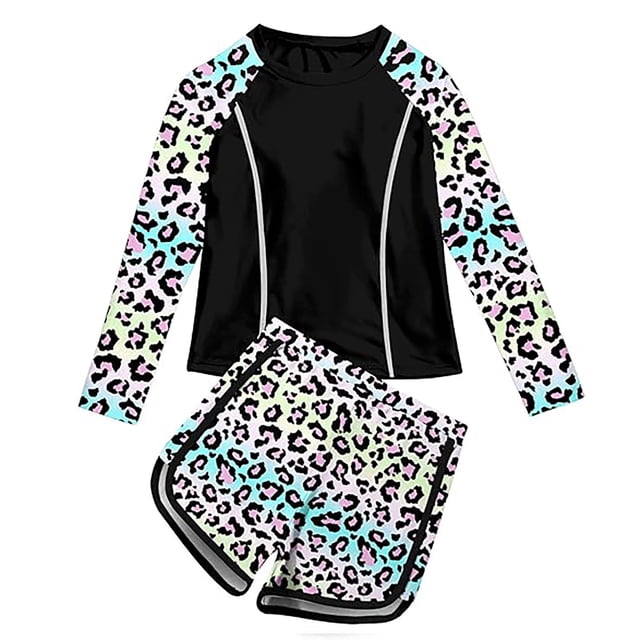 Luvoko Toddler 2 Piece Rash Guard Swimsuit for Girls, Long Sleeve Uv Protection Shirts Kids Padded Shorts Short Sleeve Rash Guard Girls Little Girl Bathing Suit Ruffle Butt Swimsuit(Black,2-3 Years)