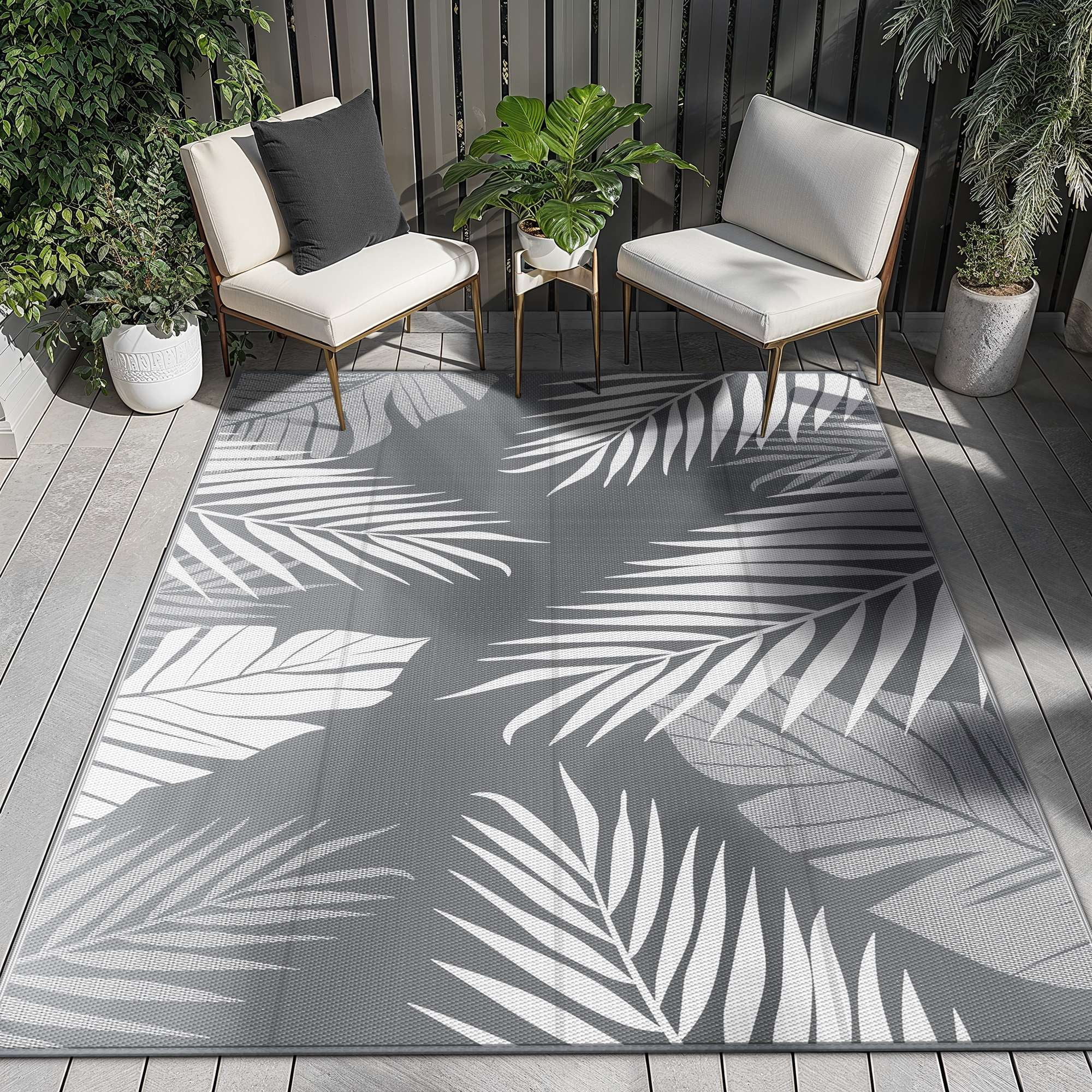 DEORAB 9'x12' Outdoor Rugs Waterproof Patio Lightweight Reversible Plastic Carpet Outside Camping Mat,Gray & White