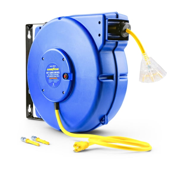 Goodyear Heavy-Duty Retractable Extension Cord Reel - 12AWG, 65' Length, Triple