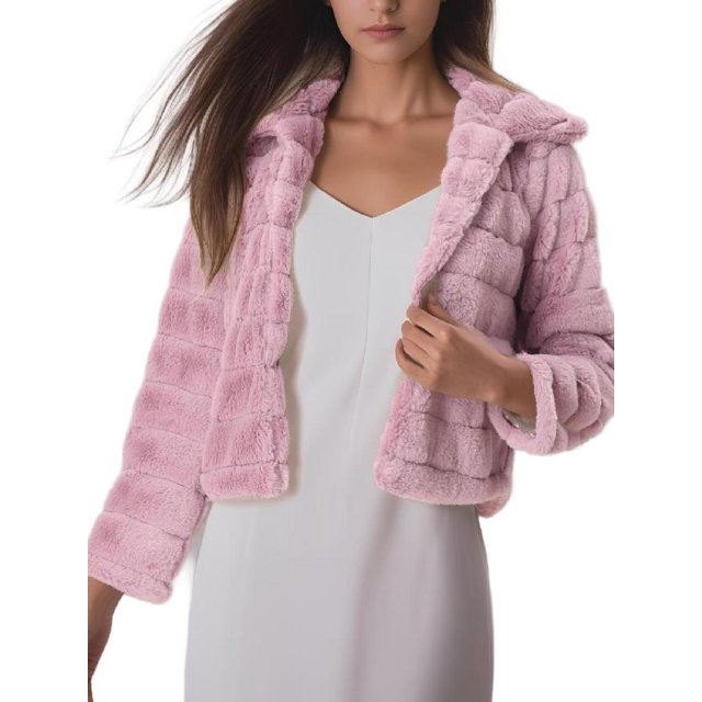 INSPIRE CHIC Women's Faux Fur Turn Down Collar Open Front Cropped Fluffy Jacket M Pink