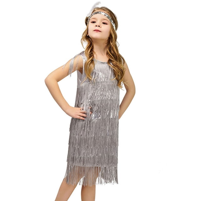 Kcodviy Robe Charleston pour Filles Paillettes Robe de Fête pour Bébé Robe de Danse Latine à Franges Robe Rétro pour Tout-Petits Robe Tango à Franges Robe de Bal Robe de Pâques Taille 6 avec Bandeau à Plumes