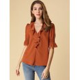 thumbnail image 3 of INSPIRE CHIC Blouse en Mousseline Semi-Transparente pour Femme à Volants, Col en V, Manches Bouffantes au Coude, 3TG, Brun Rouge, 3 of 6