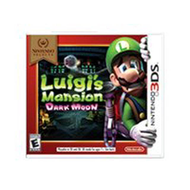 Nintendo Selects: Luigi's Mansion: Dark Moon for Nintendo 3DS, a video game featuring Luigi equipped with the Poltergust 5000 vacuum against a haunted mansion backdrop. Compatible with Nintendo 3DS and 2DS systems, it includes multiplayer mode and puzzle-solving gameplay.