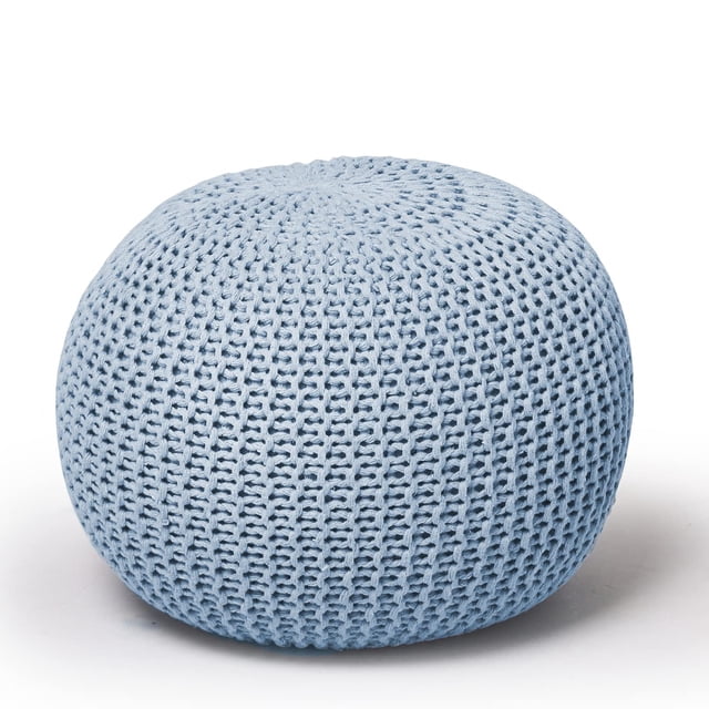 Urban Shop Round Knit Pouf - Hand Woven Cotton, Light Blue