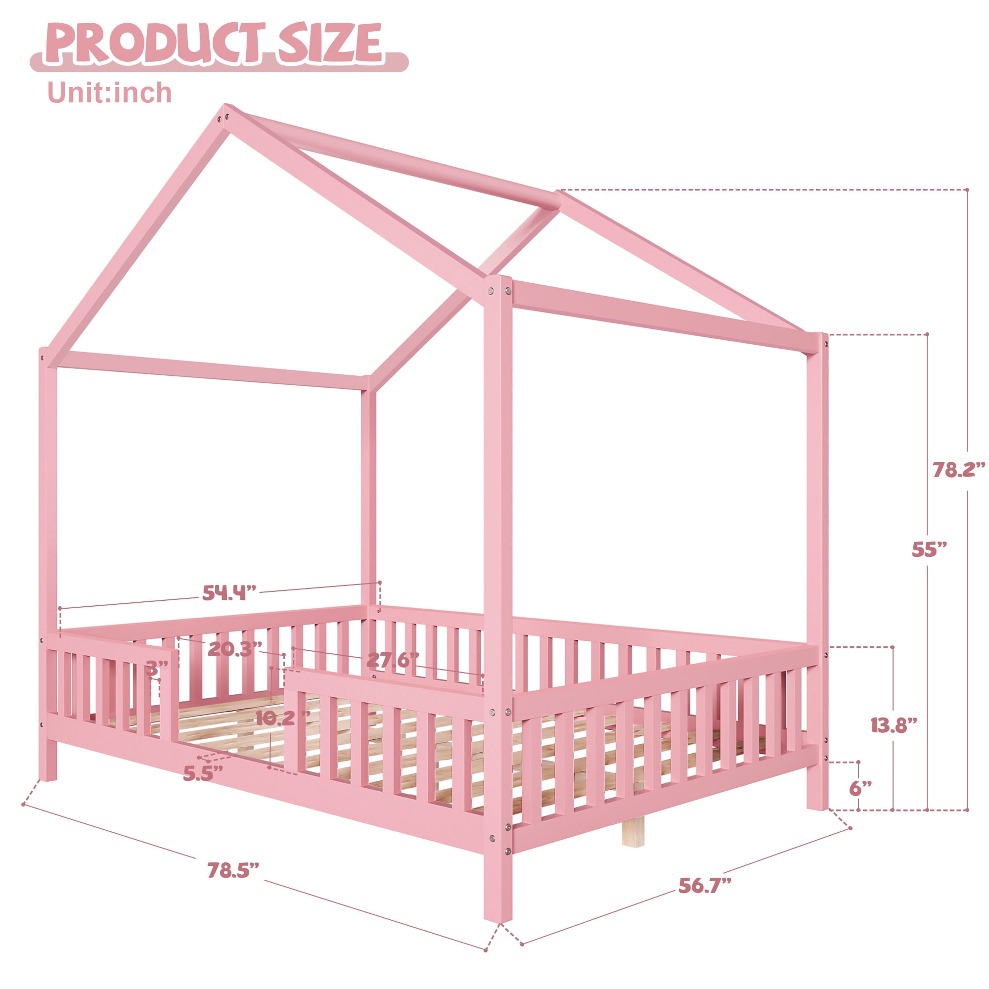 Homy Casa Montessori Full Size House Bed with Canopy, Pink Wooden Kids Bed Frame with Guardrails, Safe & Sturdy for Children