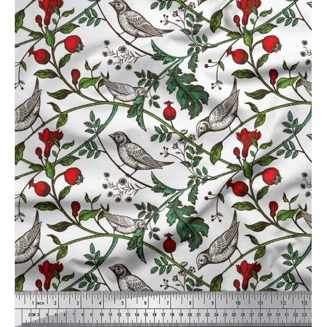 Soimoi Silk Fabric Bird & Leaf Bird Printed Craft Fabric by the Yard 42 Inch Wide