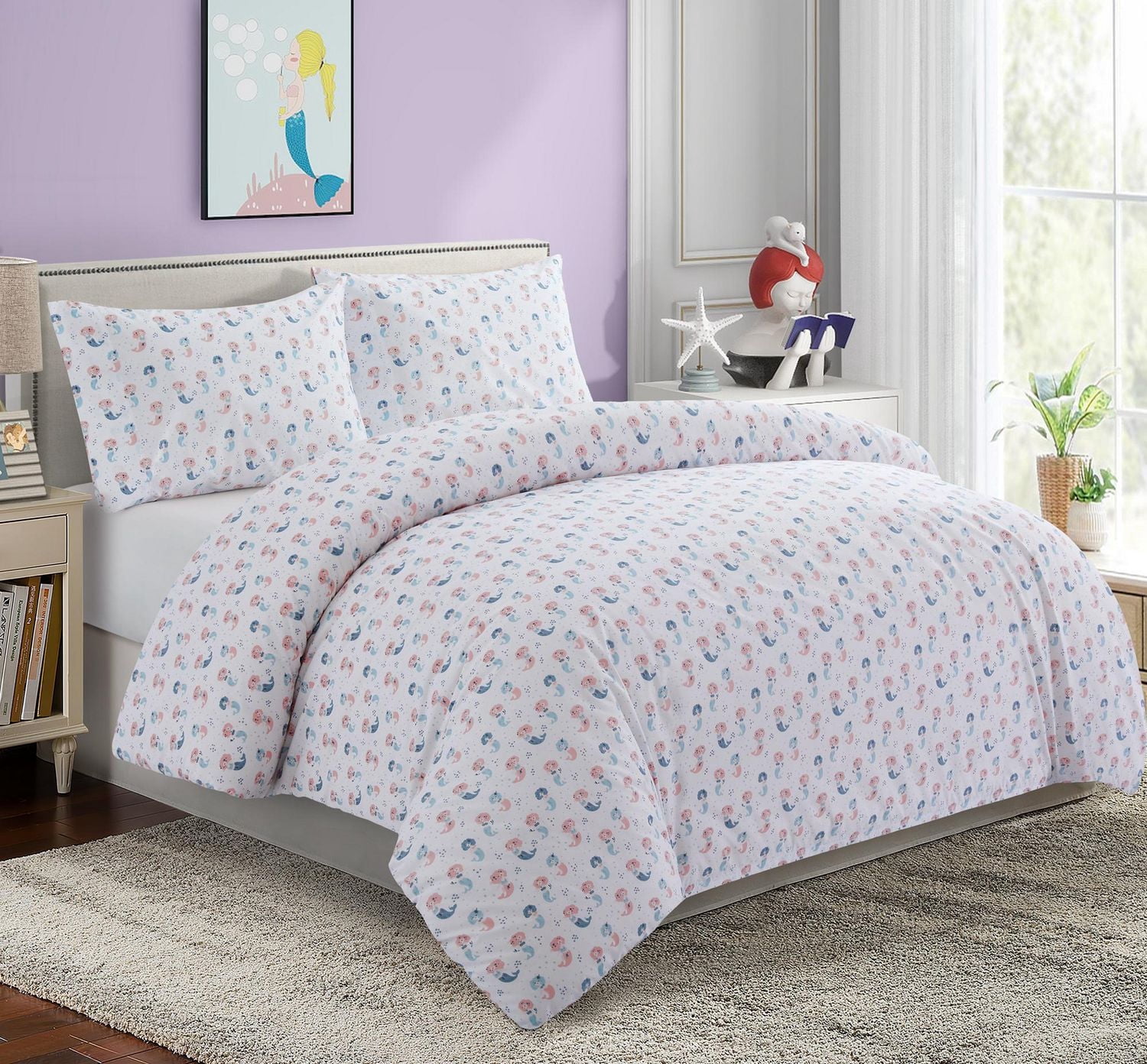 Marina Decoration Kids Girls Toddlers Cute Printed 600 Thread Count Soft Cotton Blend Percale Duvet Cover Set with Corner Tie and Zipper, Cartoon Mermaid Pattern