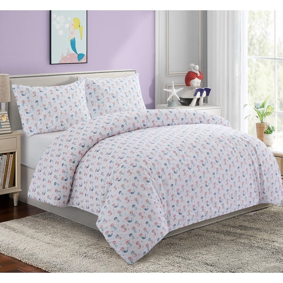 Marina Decoration Kids Girls Toddlers Cute Printed 600 Thread Count Soft Cotton Blend Percale Duvet Cover Fitted Sheet Ensemble Bedding Set, Cartoon Mermaid Pattern
