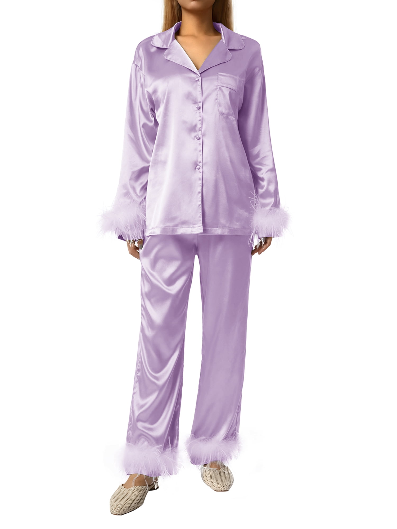 Fortune Women Pajamas Set, Feather Trim Long Sleeve Button-Down Lapel Tops + Pants