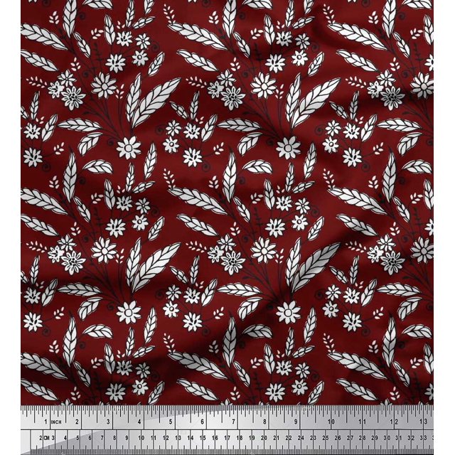 Soimoi Polyester Crepe Fabric Leaves & Floral Block Printed Fabric 1 Yard 42 Inch Wide