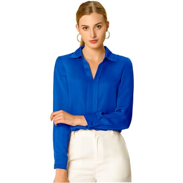 INSPIRE CHIC Women's Elegant Solid V Neck Smooth Satin Long Sleeve Blouse