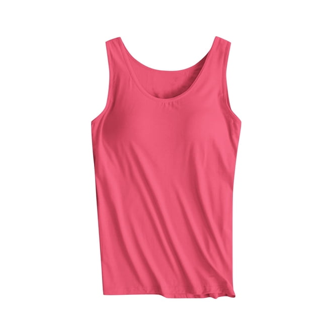 FAIWAD Built-in-Bra Tanks Tops for Womens Sleeveless Round Neck Wide Strap Basic Stretch Crop Tops