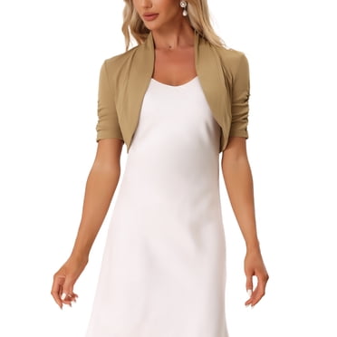 INSPIRE CHIC Boléros pour Femmes à devant Ouvert, Manches Courtes Froncées, Cardigan Court, TP Camel