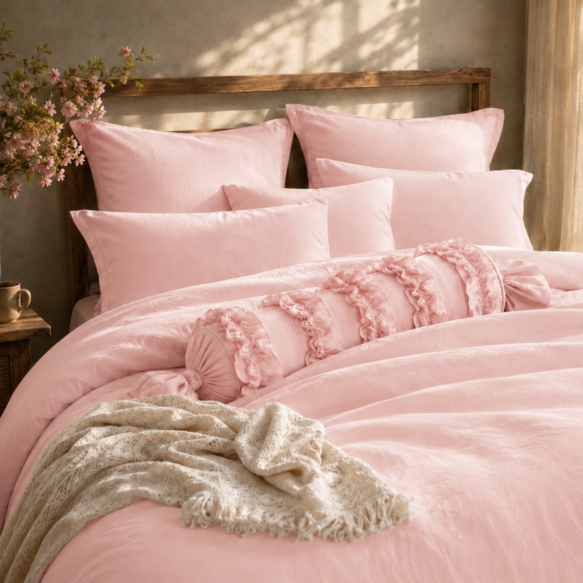Swift Home Ensemble housse de couette ultra douce prélavée à texture froissée, unie, Rose poudré, Très grand lit