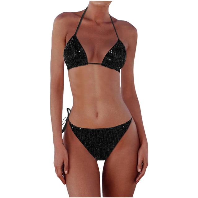 Kcodviy Women's New Sequin Bikini Mens String Bikini Triangle Color Bikini Swimsuit Bikini with Cover Up Set Mesh Bikini Trendy Bikini Hair Removal for Women