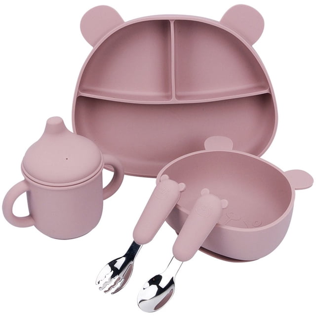 PENGXIANG 5pcs Baby Feeding Set Food-grade Silicone Bear Shape Baby Tableware Set for Home