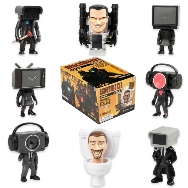 Skibidi Toilet Mystery Figure Collector Series showing eight unique collectible figures with humanoid bodies and TV, camera, or speaker heads dressed in black suits, arranged around the official mystery figure blind box from the viral YouTube series.