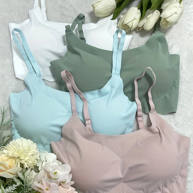 4pcs Seamless Solid Bralettes, Comfortable Adjustable Straps Wireless Intimates Bra, Women's Lingerie & Underwear