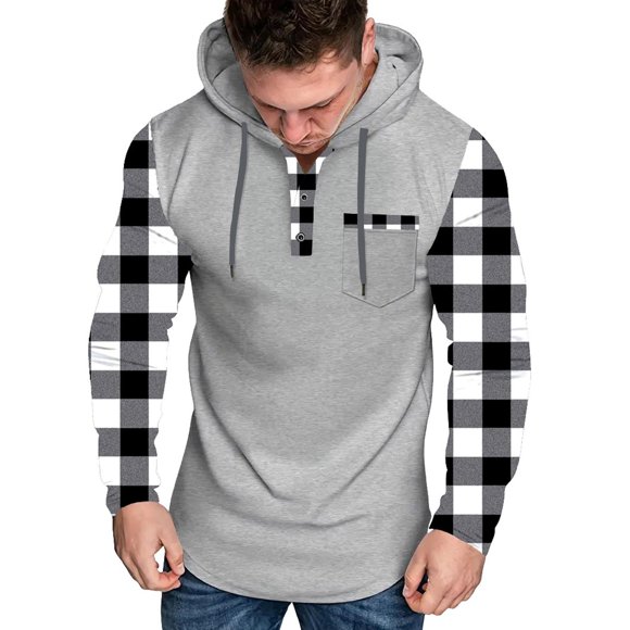 YUGYXL Mens Quarter Button Hoodies Fashion Plaid Block Color Hooded Sweatshirts Casual Loose Long Sleeve Hoodie Fall Clothes White XXL