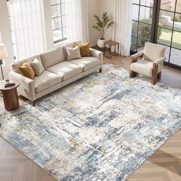 UERMEI Tapis 274 X 366 cm pour Salon, Lavable et Antidérapant, Idéal pour la Chambre Ou la Décoration Intérieure. Motif Abstrait Moderne, Bleu.