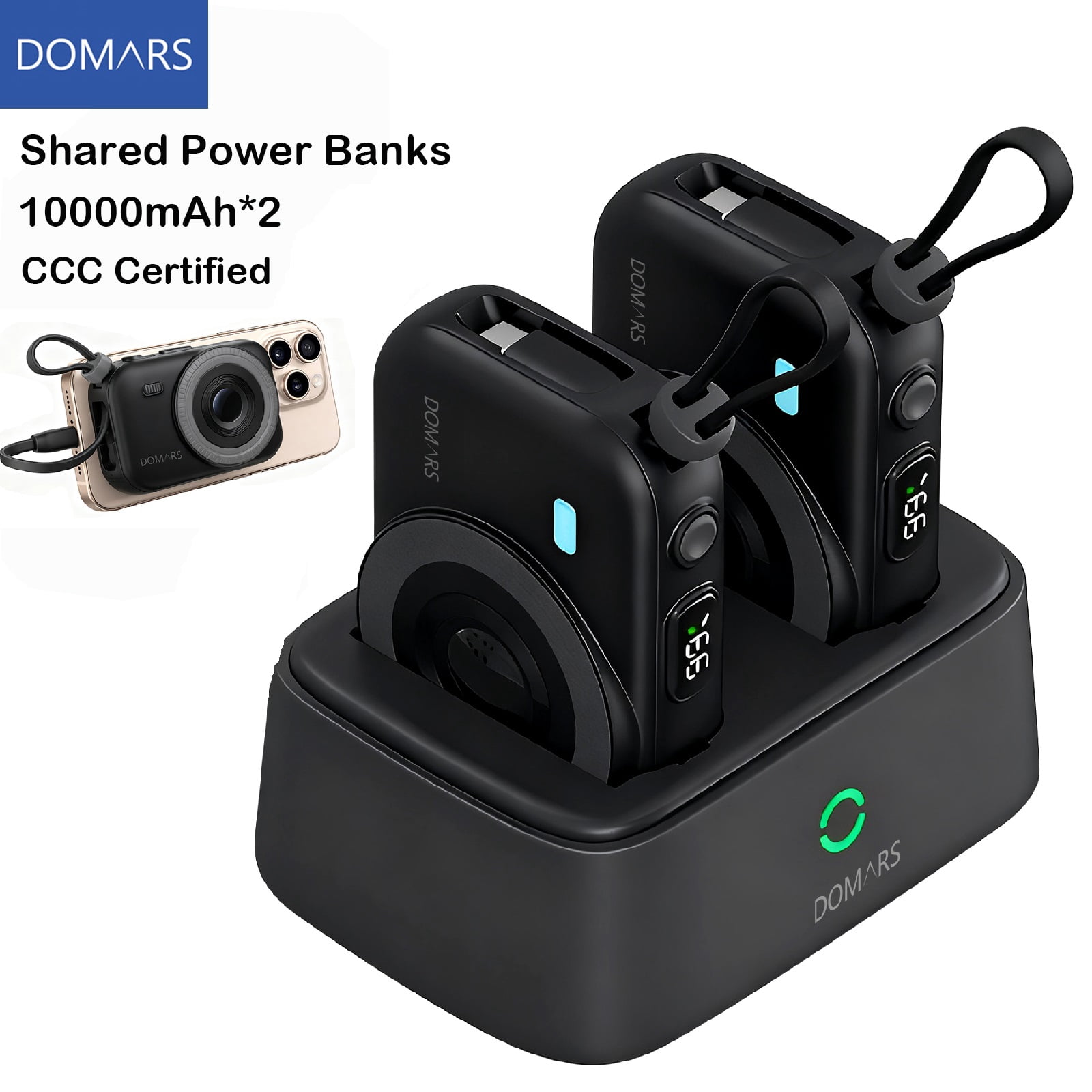 Domars 2pcs 10000mAh Magnetic Power Bank Set, 22.5W Fast Charging Portable Charger with Charging Base, Built-in Type-C & Lightning Cable, Strong Magnetic Adsorption for Home Office Travel