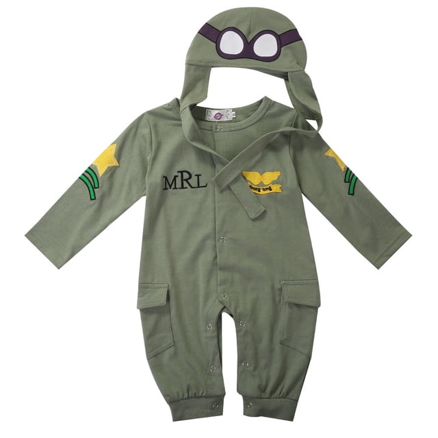 Newborn Baby Boys Kids Fly Polit Army Green Long Sleeve Rompers+Cap Hat Outfits