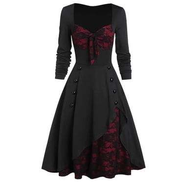 Kcodviy Robe Gothique de Fête pour Femmes Grande Taille Robe Formelle Grande Taille insert en Dentelle Fleurie Vêtements Gothiques Grande Taille 3TG Faux Bouton Nœud Vintage Vêtements Gothiques pour Bébé Robe Unisexe