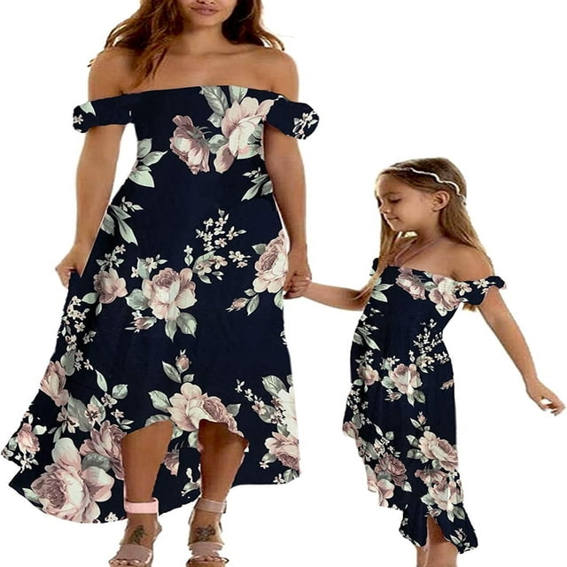 Mommy and Me Dress Matching Outfits Off Shoulder Beach Boho Maxi Ruffle Chiffon Dress for Mother and Daughter