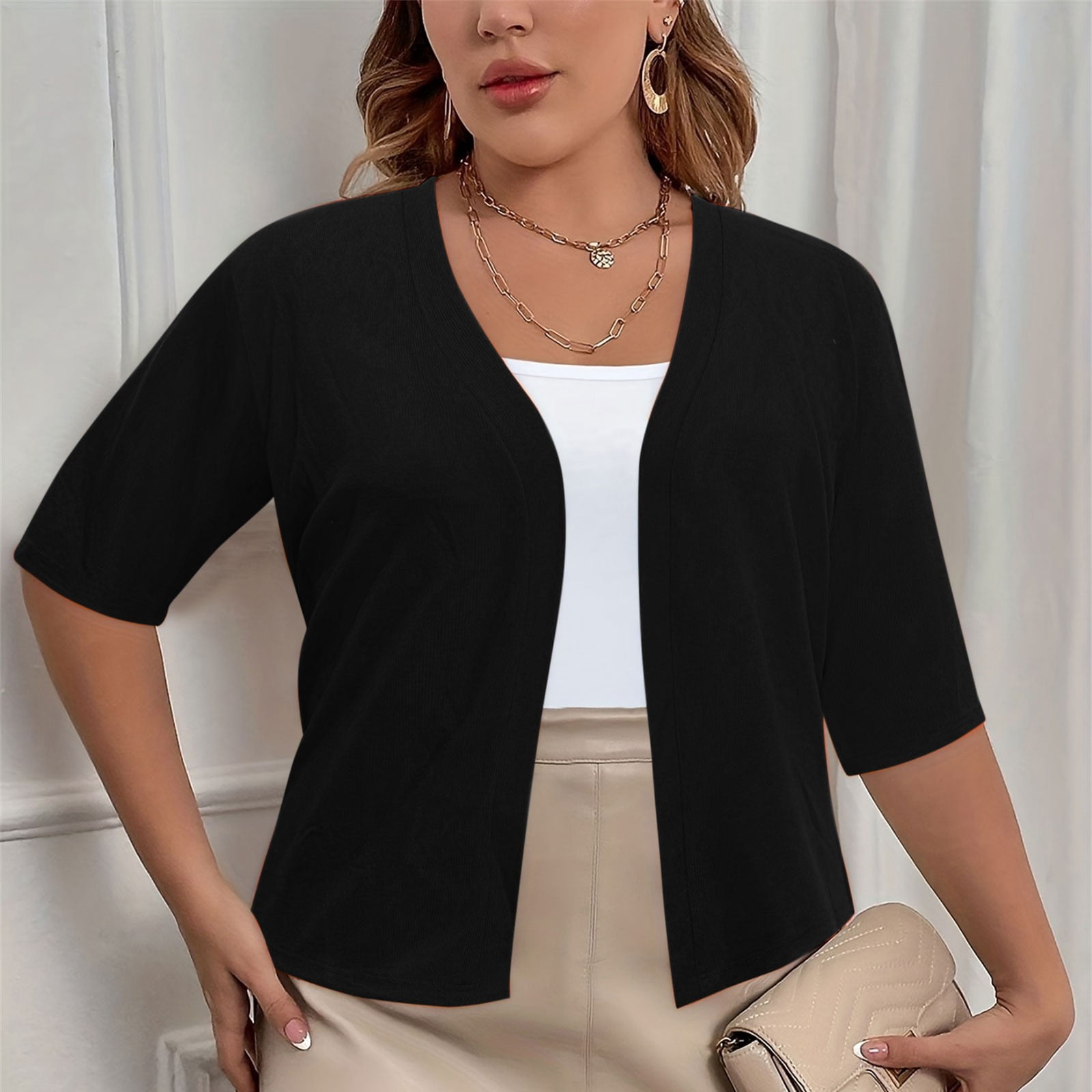 CFLVAEK Fall Cardigan Sweaters for Plus Size Women Casual Short Sleeve Open Front Shrugs Soft Solid Color Cropped Boleros Lightweight Cardigans Cover Ups