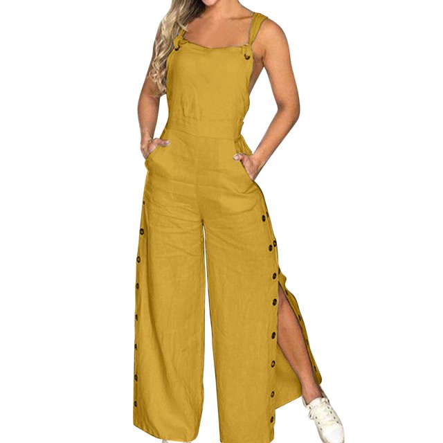 B91xZ Combinaison Large pour Femmes Col Rond Décontracté Dos Ouvert Été Pantalons Longs Amples avec Poches, Jaune S