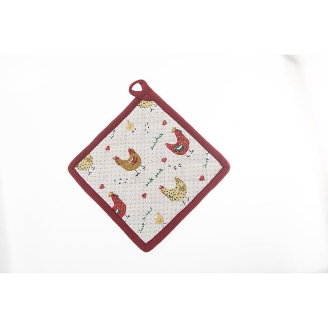Cotton Pot Holder (Farmhouse Chicken) - Set of 6, square 8 by 8 inch quilted cotton kitchen linen with burgundy border and multicolored chicken and heart patterns, designed to protect surfaces from hot cookware and suitable for safely handling pots.