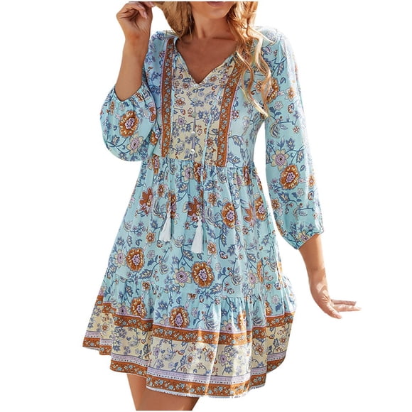 Robe d'Invitée de Mariage Mode Femme Bohème Col en V Ample Manches 3/4 Imprimée Robe Courte Longueur Mini Robe à Pois Robe à Bretelles Robe Mini Robe Maxi Robe Sans Bretelles