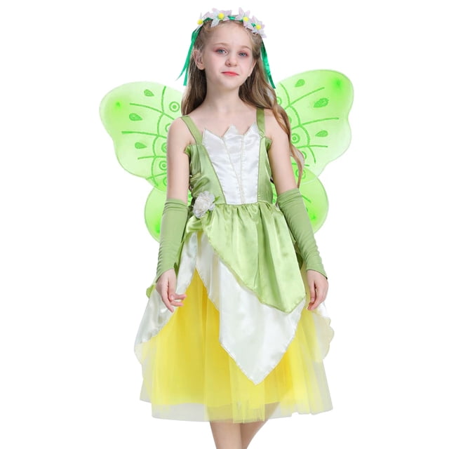 KAWELL Costume d'Halloween Vert pour Filles, Robe de Conte de Fées Princess avec Ailes d'Elf pour Cosplay Carnaval