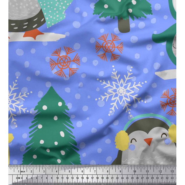 Soimoi Blue Silk Fabric Christmas Tree & Penguin Cartoon Fabric Prints By Yard 42 Inch Wide