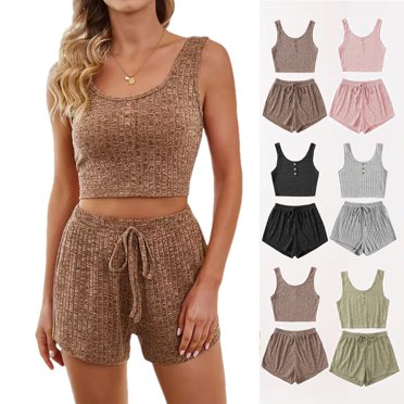 Économies d'Été Liquidation 2025 Bovxnpu Ensembles de Pyjama Grande Taille pour Femmes, 2 Pcs Vêtements de Détente pour Femmes, Camisole à Manches Courtes à la Mode m
