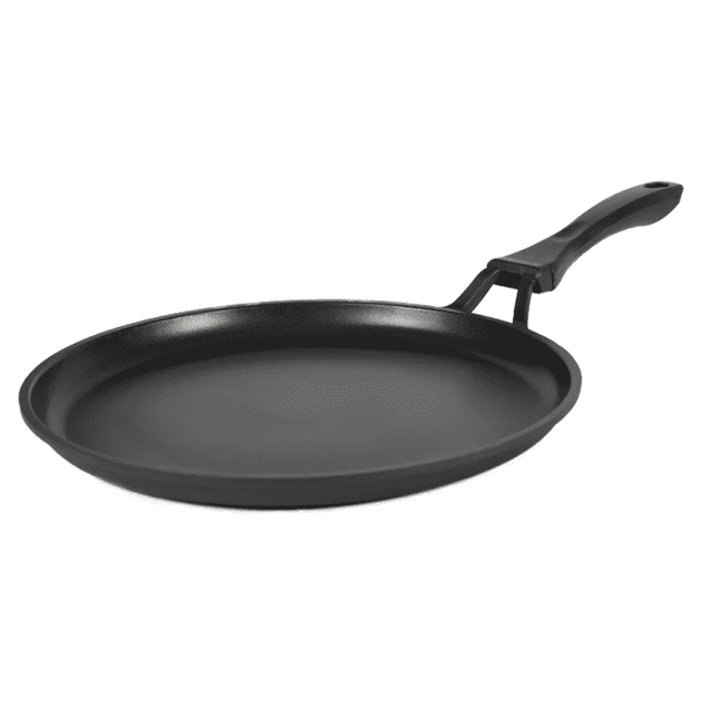 Verka Non-Stick Flat Tawa Pan, 28cm, shown at a slight angle with a flat, circular non-stick surface and black heat-proof handle. Made from aluminum alloy with an induction base for all cooktops, ideal for Indian flatbreads and suitable for grilling pancakes or sandwiches.