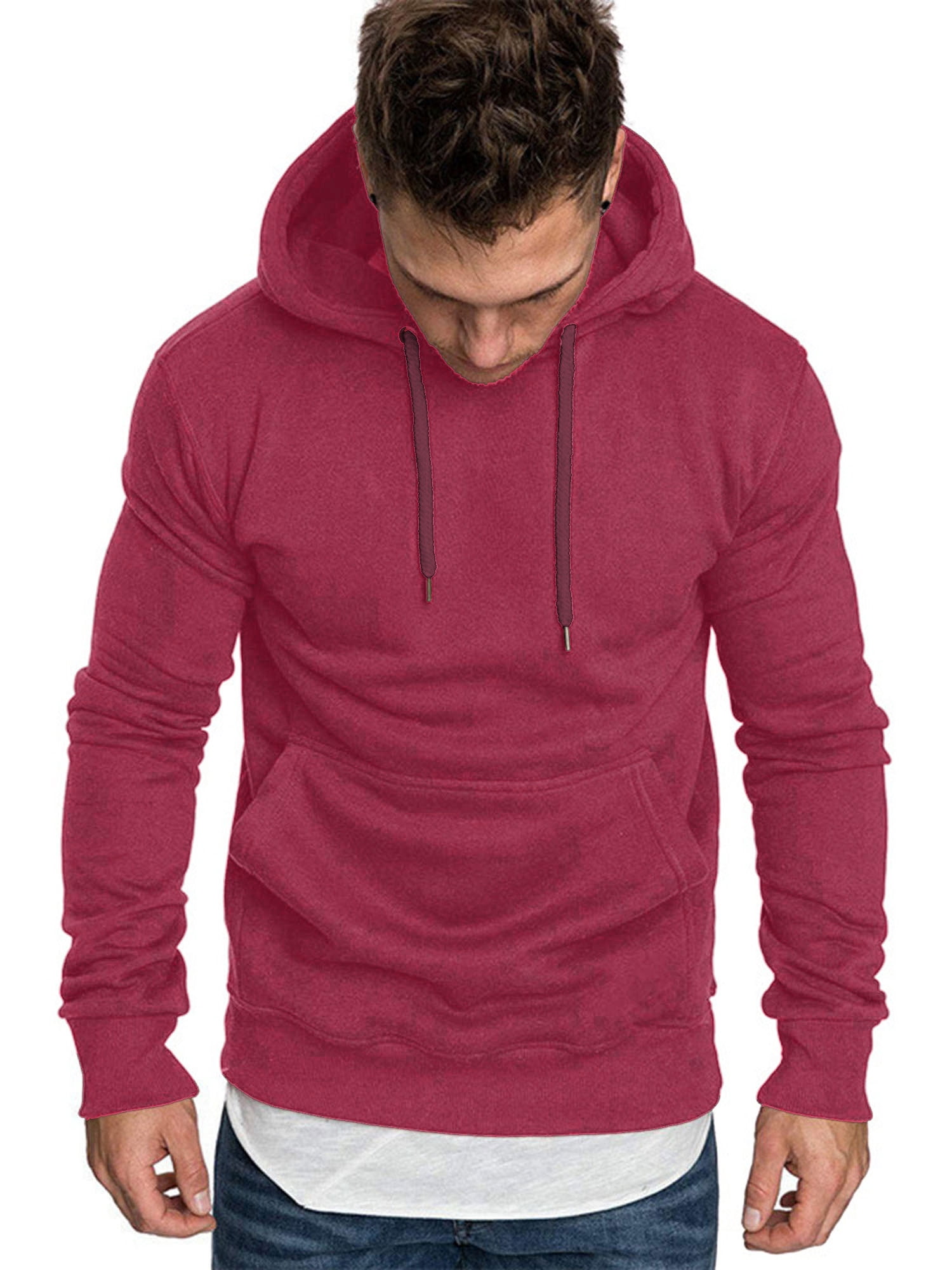 Yeahdor Men's Basic Long Sleeve Drawstring Hoodie Sweatshirt Casual Solid Color Pullover Tops Burgundy S