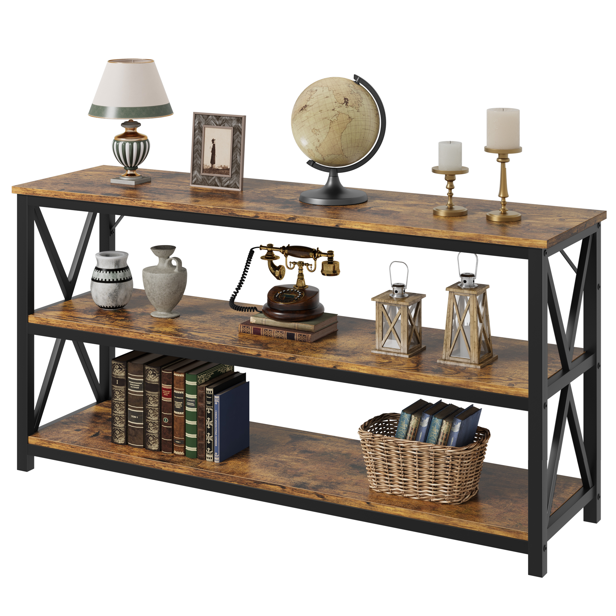 Table Console Longue Industrielle, Table d'Entrée à 3 Niveaux de 55 Pouces avec Étagères de Rangement, Table Rectangulaire pour Sofa pour Entrée, Table d'Entrée pour Vestibule, Couloir, Salon, Chambre (Brun Rétro)