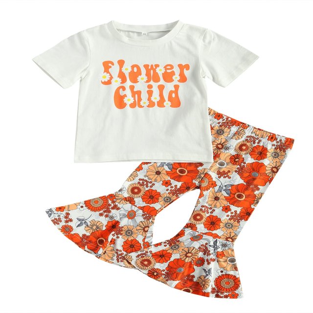 Little Girls Short Sleeve Tops Sunflower Flared Bell-Bottom Pants Outfits Set