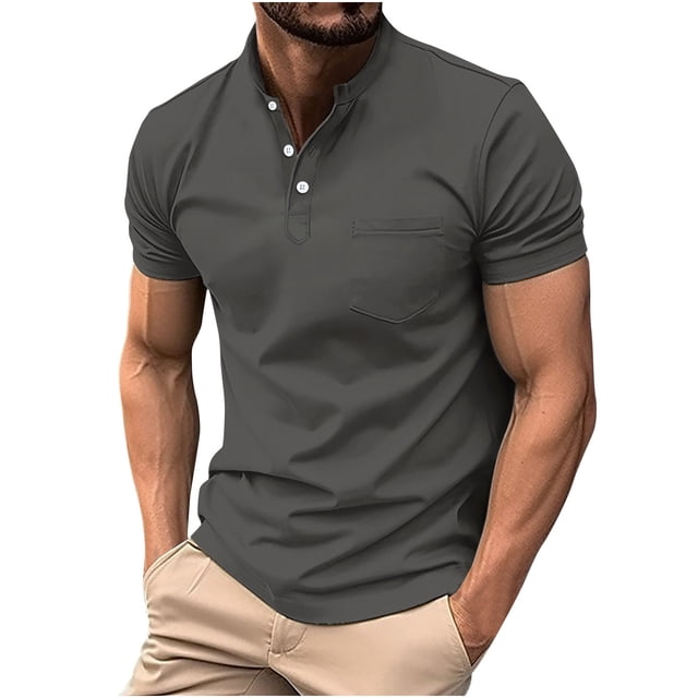 FAIWAD T-Shirts à Manches Courtes pour Hommes, Col Rond, Extensibles, Décontractés, Chandail-Over Basique à 3 Boutons avec Poche