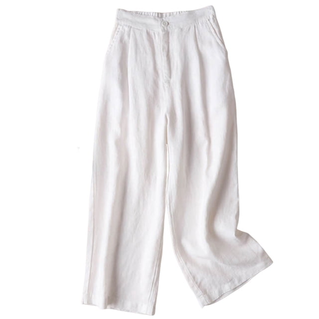Timegard Womens Cotton Linen Pants Elastic Waisted Ruched Wide Leg 7/8 Pants Lounge Trousers with Pockets